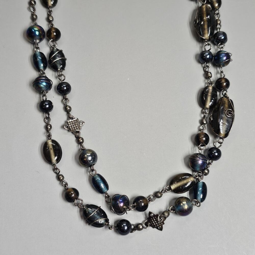 Ricki's Blue & Brown Iridescent Beads Necklace Silvertone 48" New